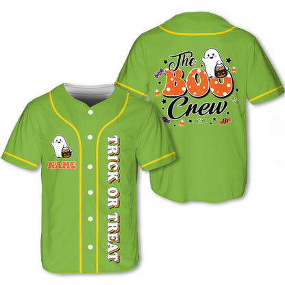 Personalized green Halloween baseball jersey with custom name and trick or treat text, front view