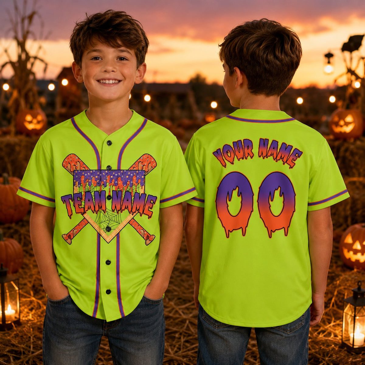 Lifestyle view of someone wearing a personalized green halloween baseball jersey outdoors