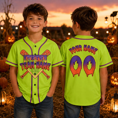 Lifestyle view of someone wearing a personalized green halloween baseball jersey outdoors