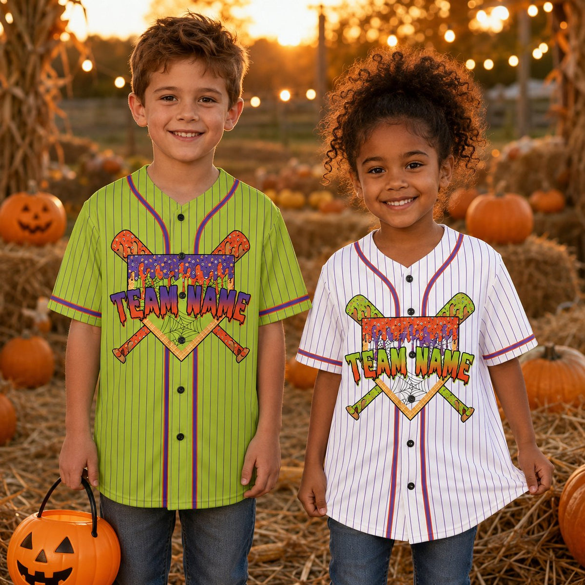 Adult wearing green halloween baseball jersey lifestyle view
