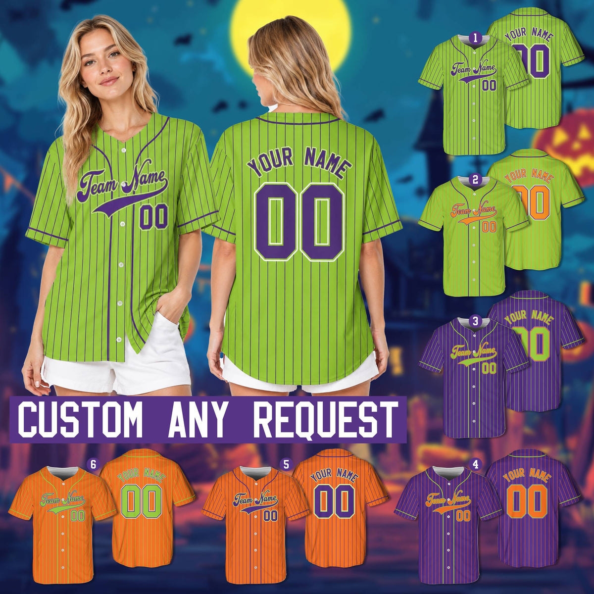 Lifestyle view of an adult wearing the personalized Halloween baseball jersey in green
