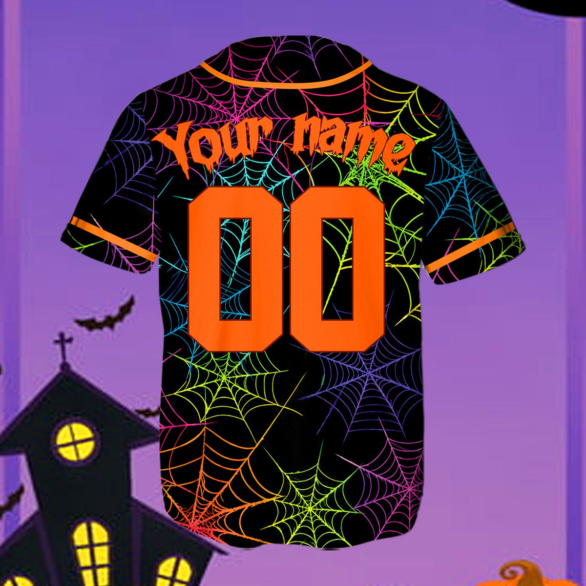Detailed back view of the personalized baseball jersey with spooky dripping font