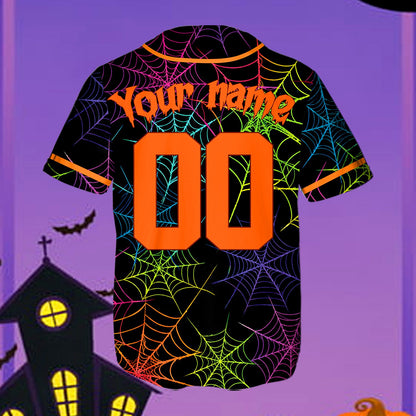 Detailed back view of the personalized baseball jersey with spooky dripping font