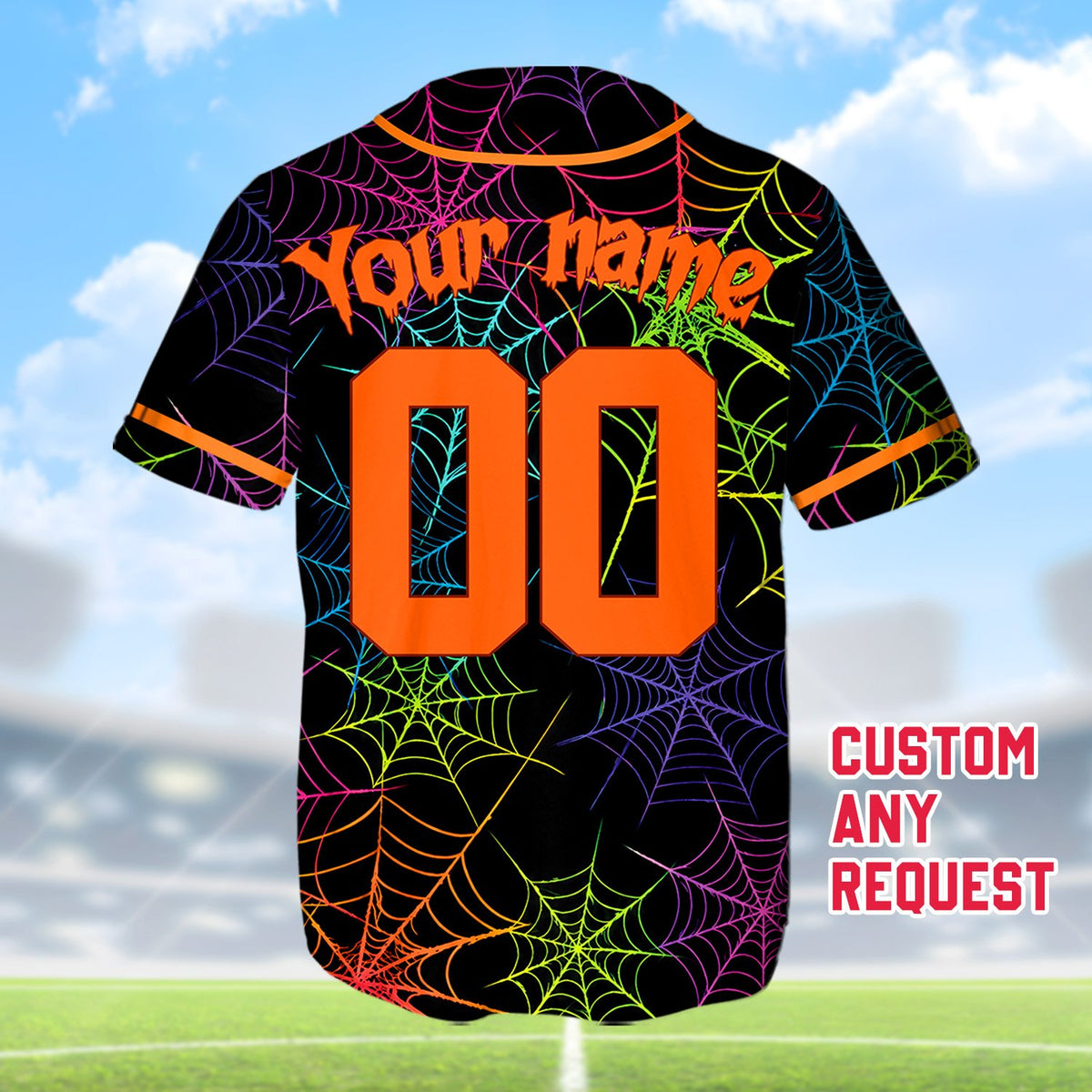 Back view of the Halloween baseball jersey showing custom name and number