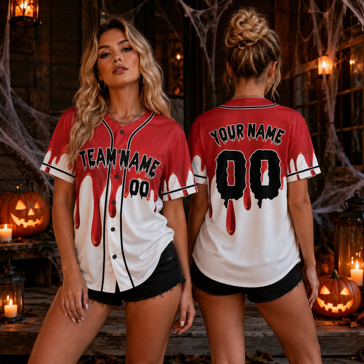 Halloween baseball jersey with custom name and number front view in red over black