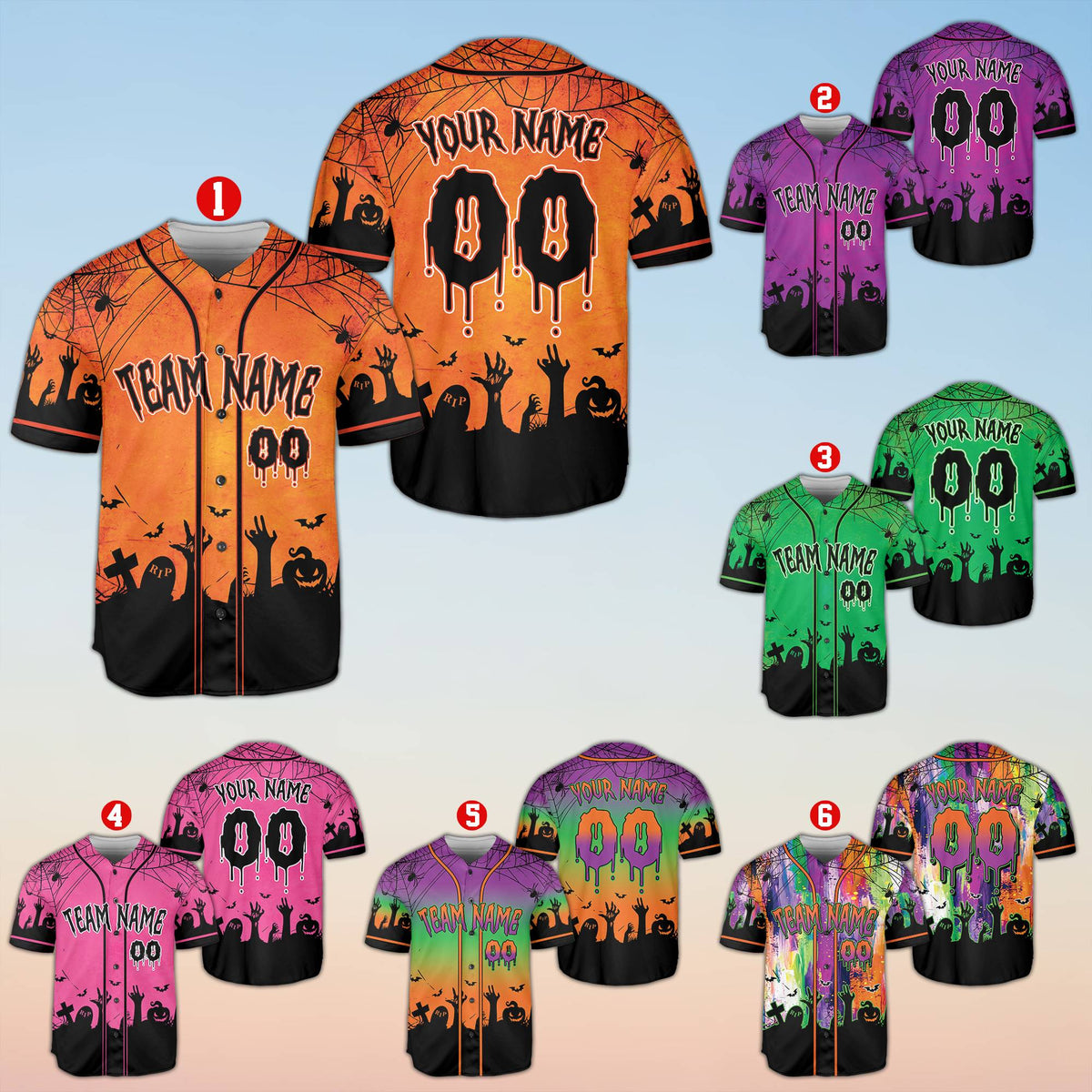 Front view of the personalized baseball jersey with a multicolor Halloween design