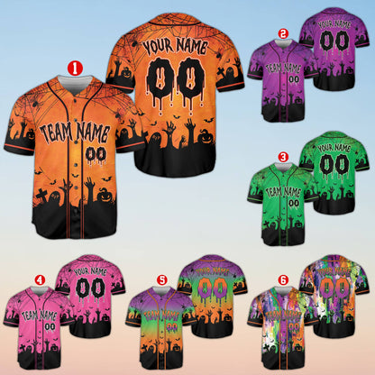 Front view of the personalized baseball jersey with a multicolor Halloween design