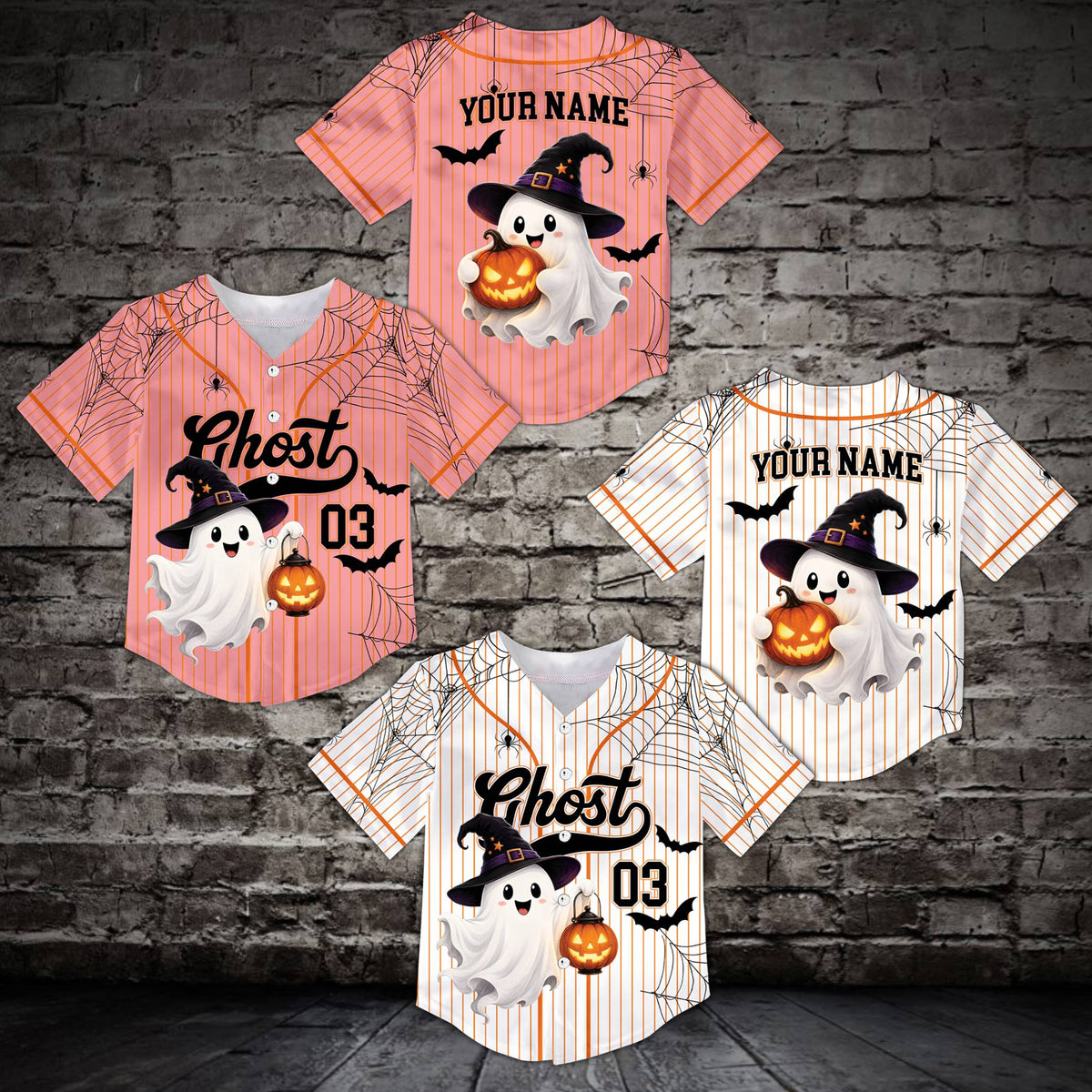 Personalized multicolor halloween baseball jersey with cute ghost design, front view