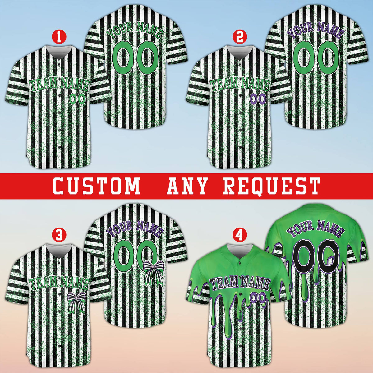 Personalized Halloween baseball jersey showing custom team name and dripping graphics