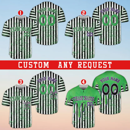 Personalized Halloween baseball jersey showing custom team name and dripping graphics