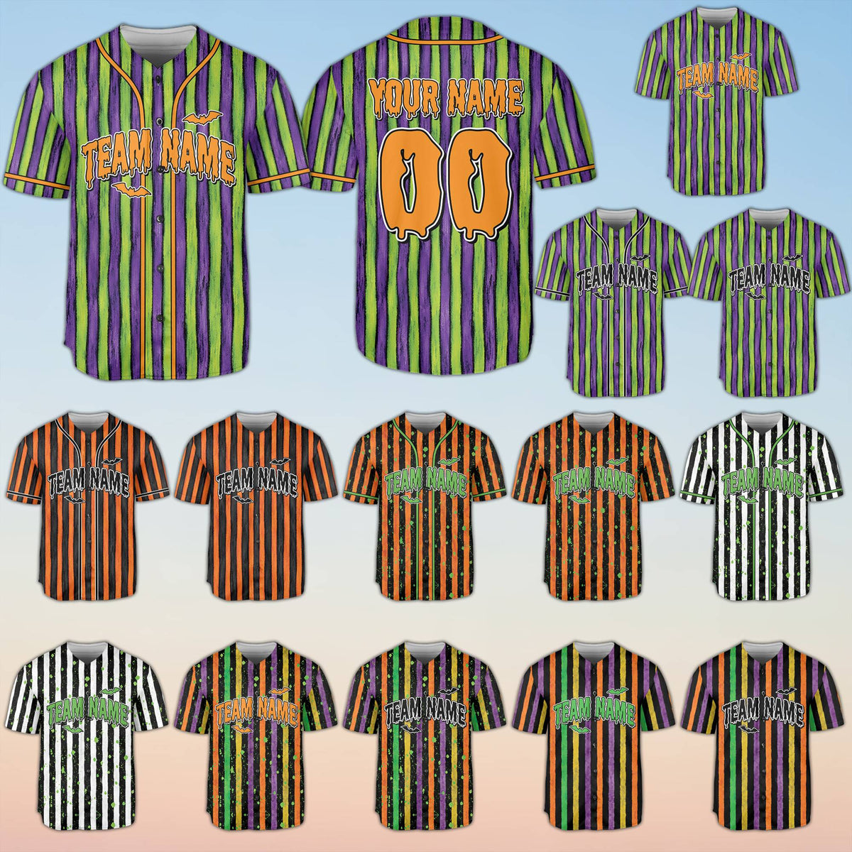 Main view of personalized multicolor halloween baseball jersey with custom name and number