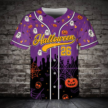 Personalized Halloween baseball jersey with ghosts and pumpkins, front view