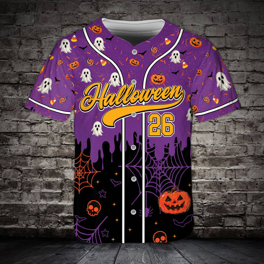 Personalized Halloween baseball jersey with ghosts and pumpkins, front view
