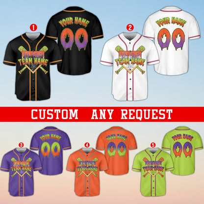 Personalized multicolor halloween baseball jersey with custom name and number, front view