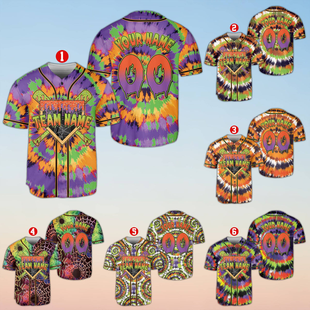 Halloween baseball jersey with tie-dye pattern and custom name, main view