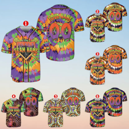 Halloween baseball jersey with tie-dye pattern and custom name, main view