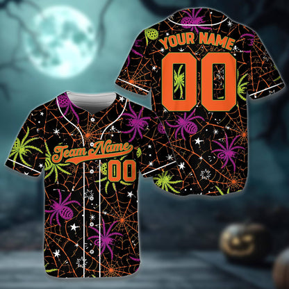 Personalized Halloween baseball jersey with colorful spiders and custom name, main view