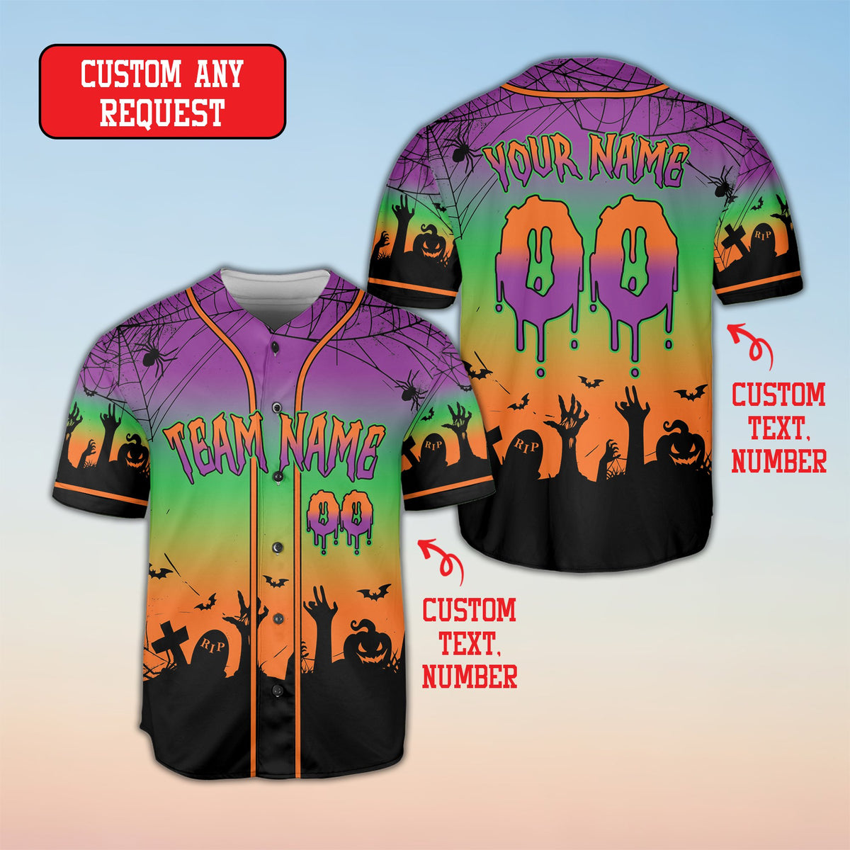 Another front view of the multicolor custom baseball jersey featuring tombstones and bats