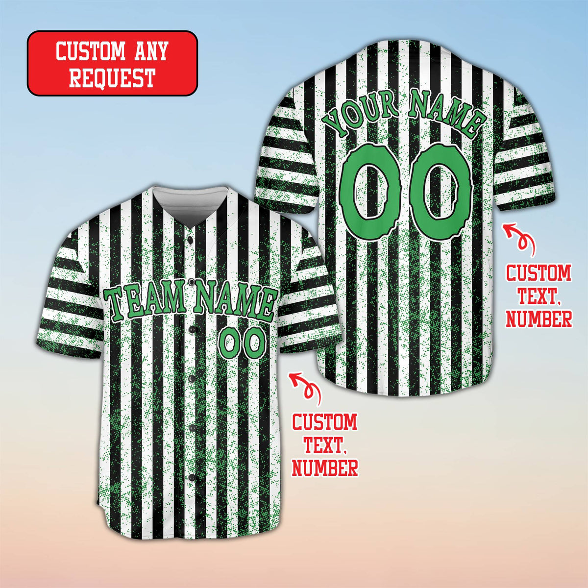 Close up of green slime and striped pattern on the custom baseball jersey