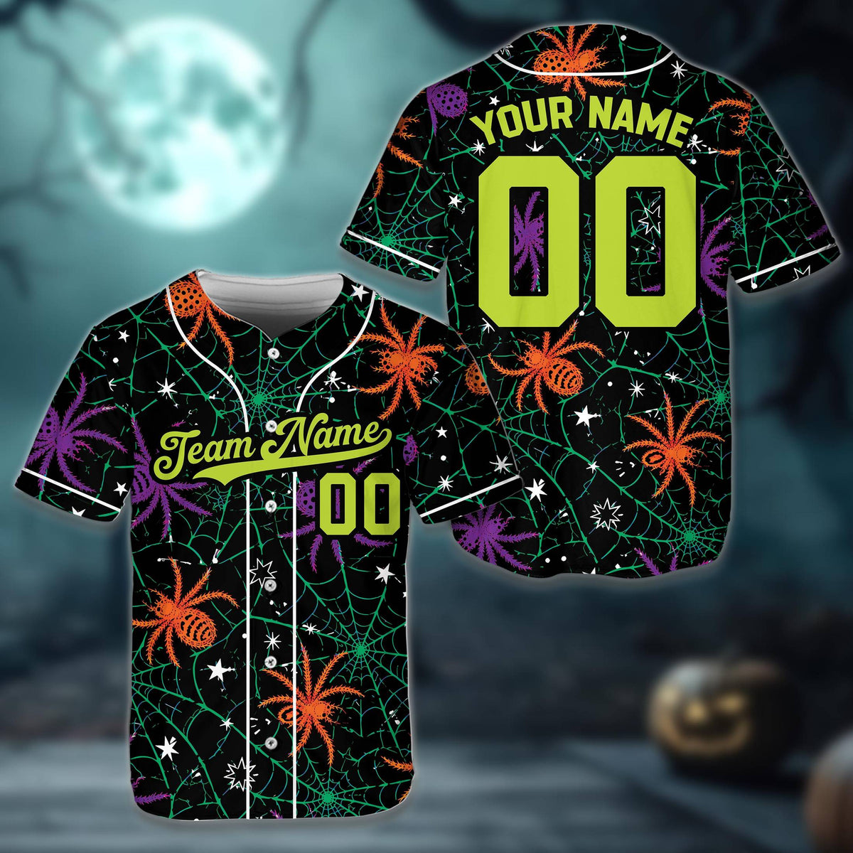 Detailed front view of the custom spiderweb Halloween baseball jersey