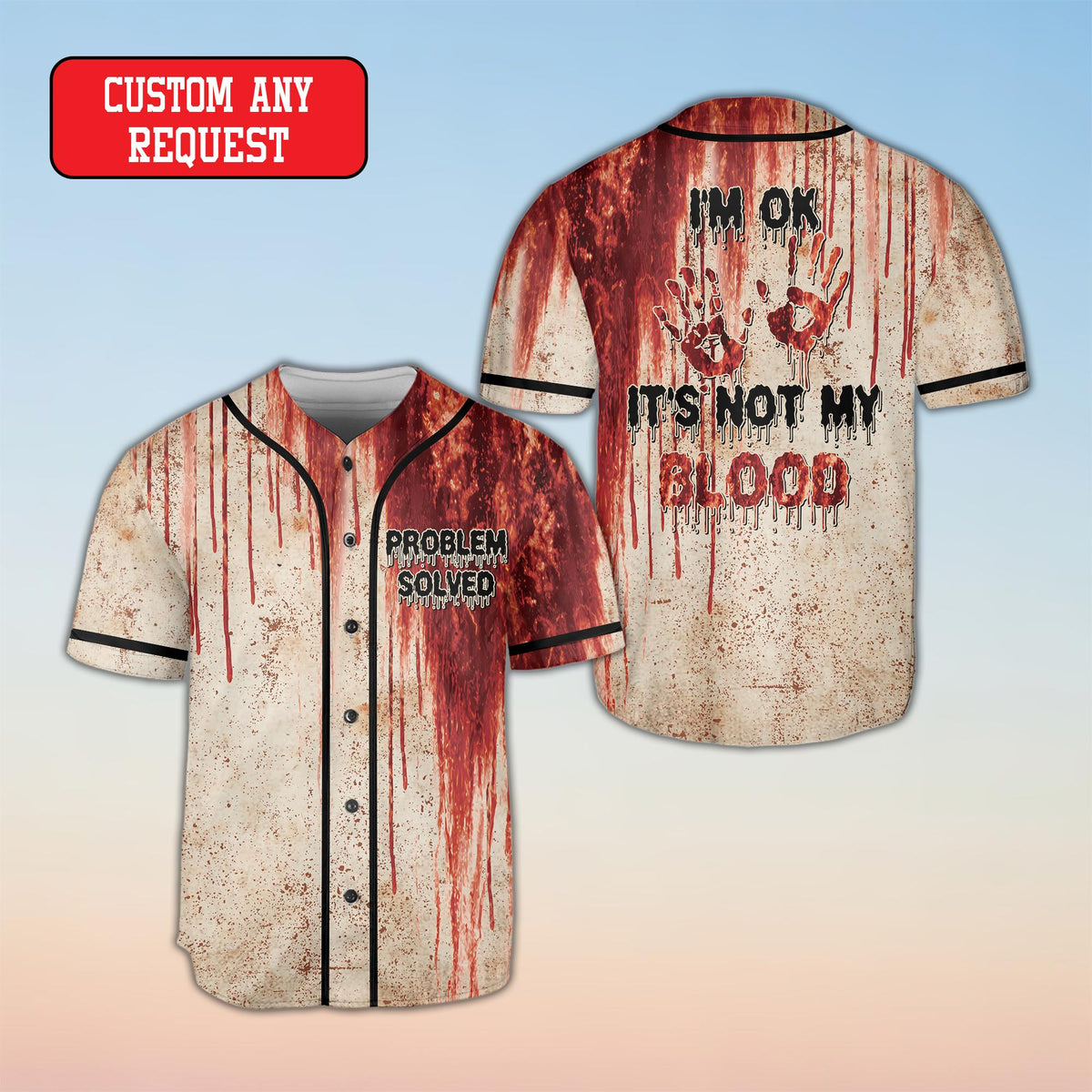Angled front view of the blood splatter baseball jersey