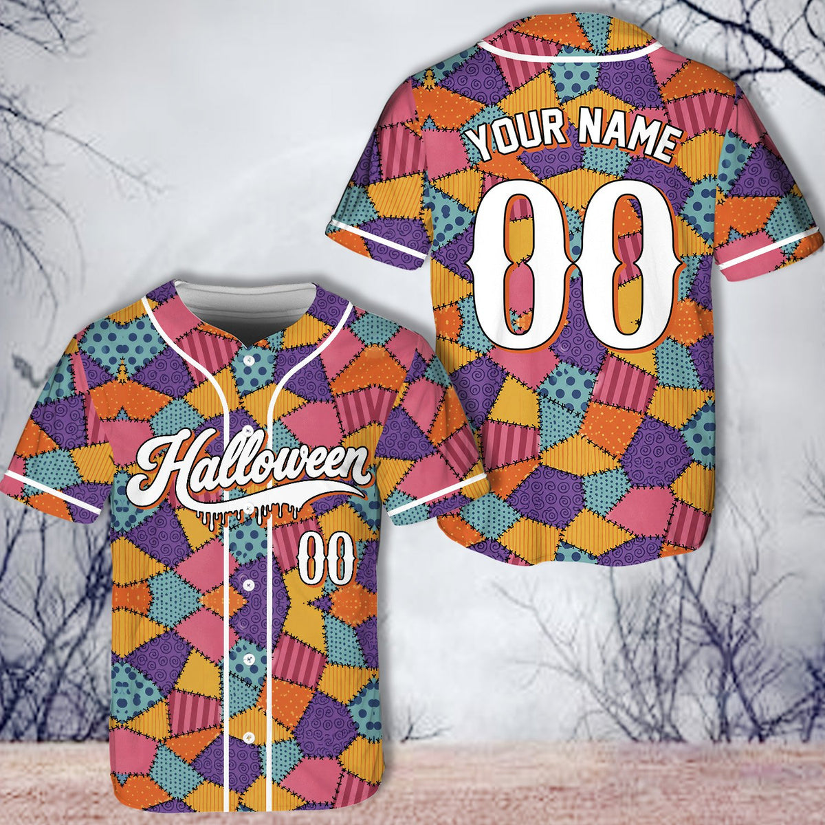 Personalized multicolor halloween baseball jersey, front view alternate