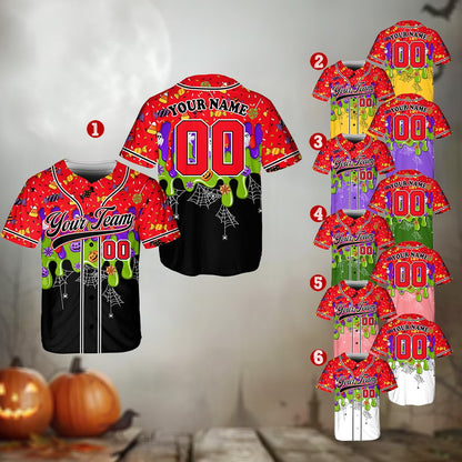 Front view of the personalized baseball jersey featuring Halloween motifs