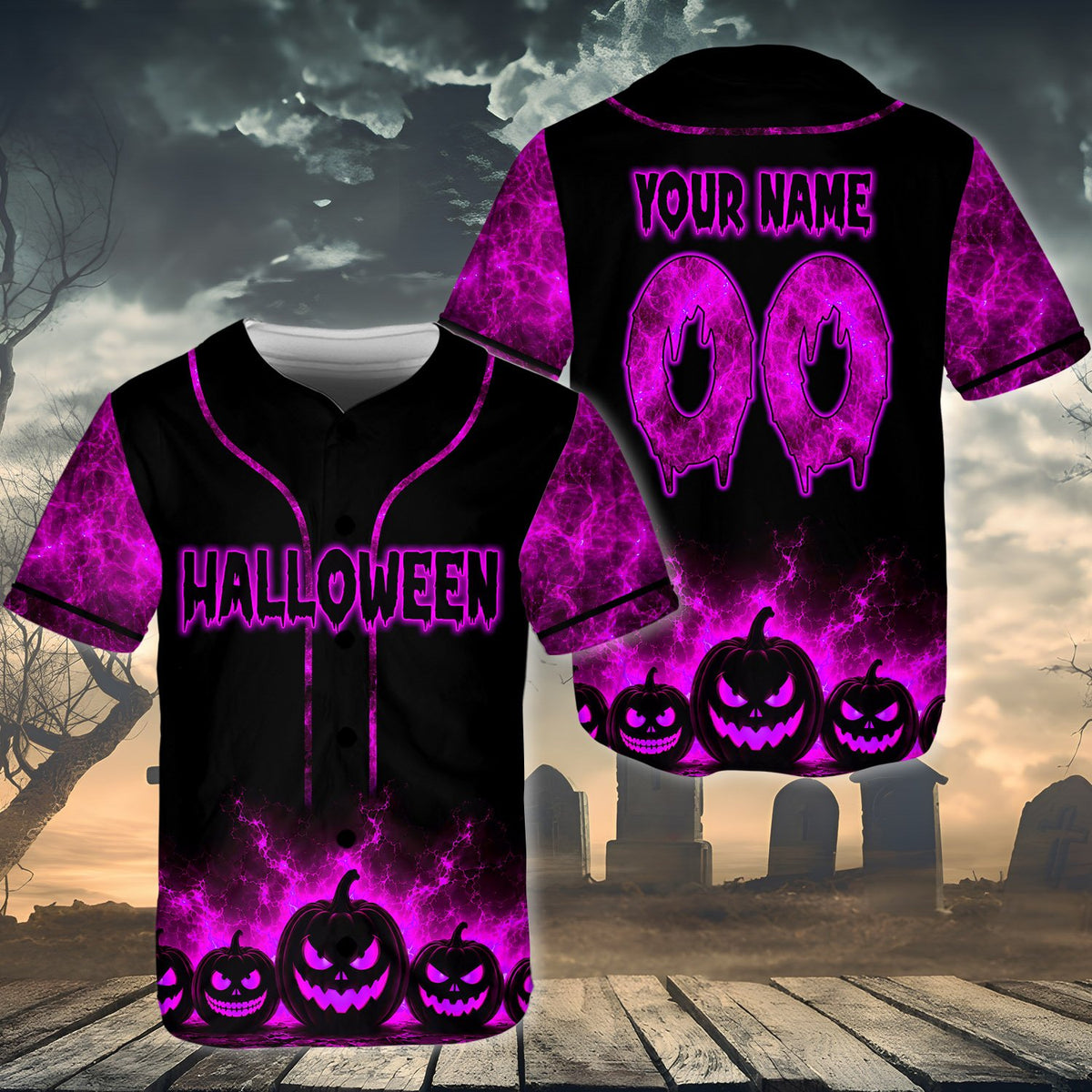 Front view highlighting glowing fiery texture on sleeves of the halloween baseball jersey