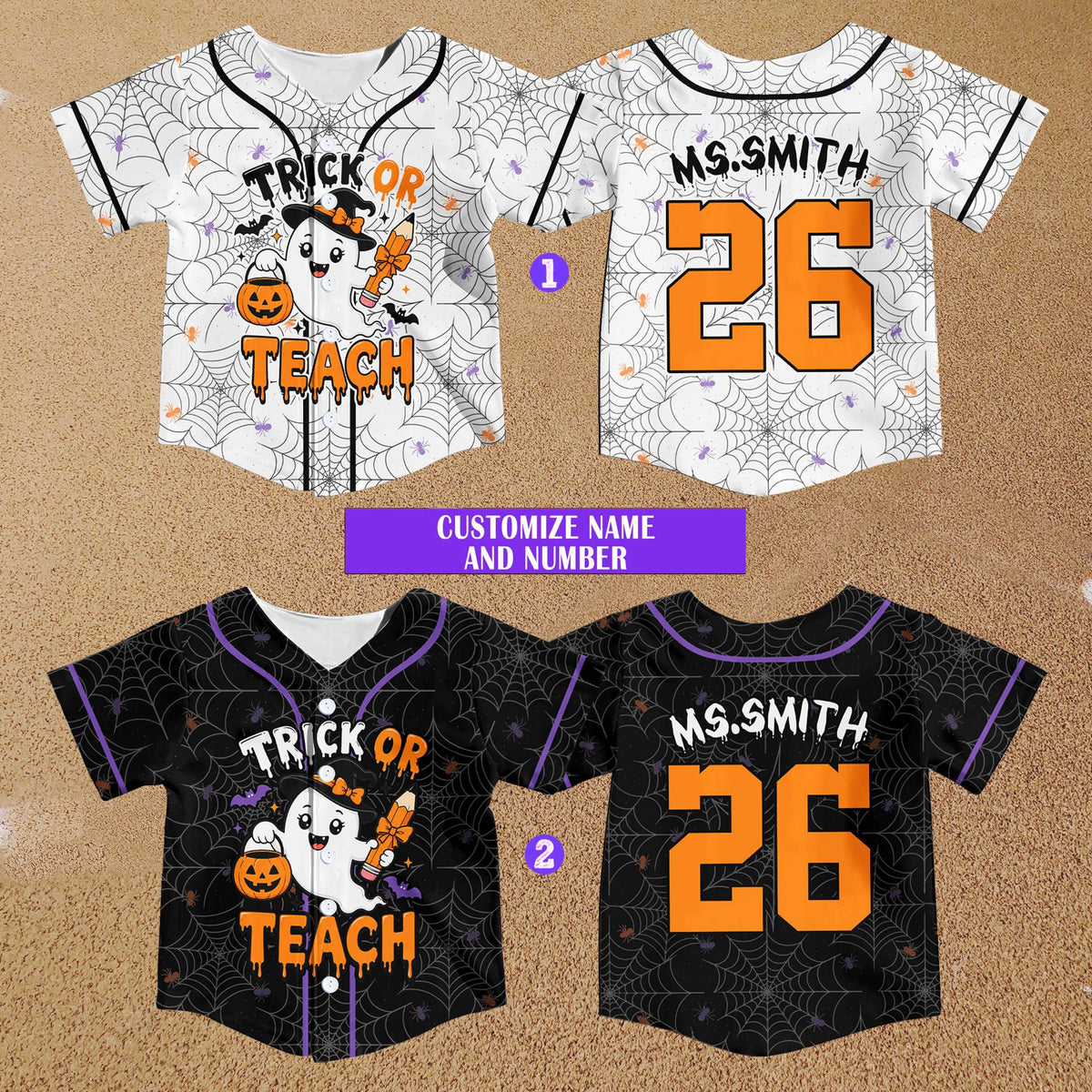 Personalized teacher Halloween baseball jersey, black front view 2