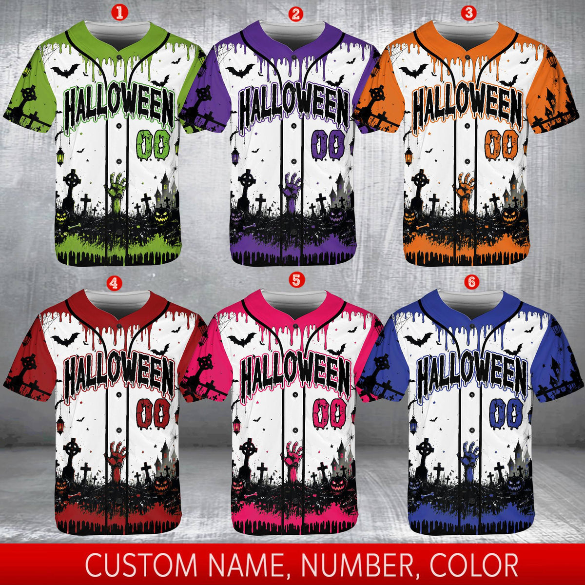 Detailed view of the zombie hand and jack-o-lanterns on the halloween jersey