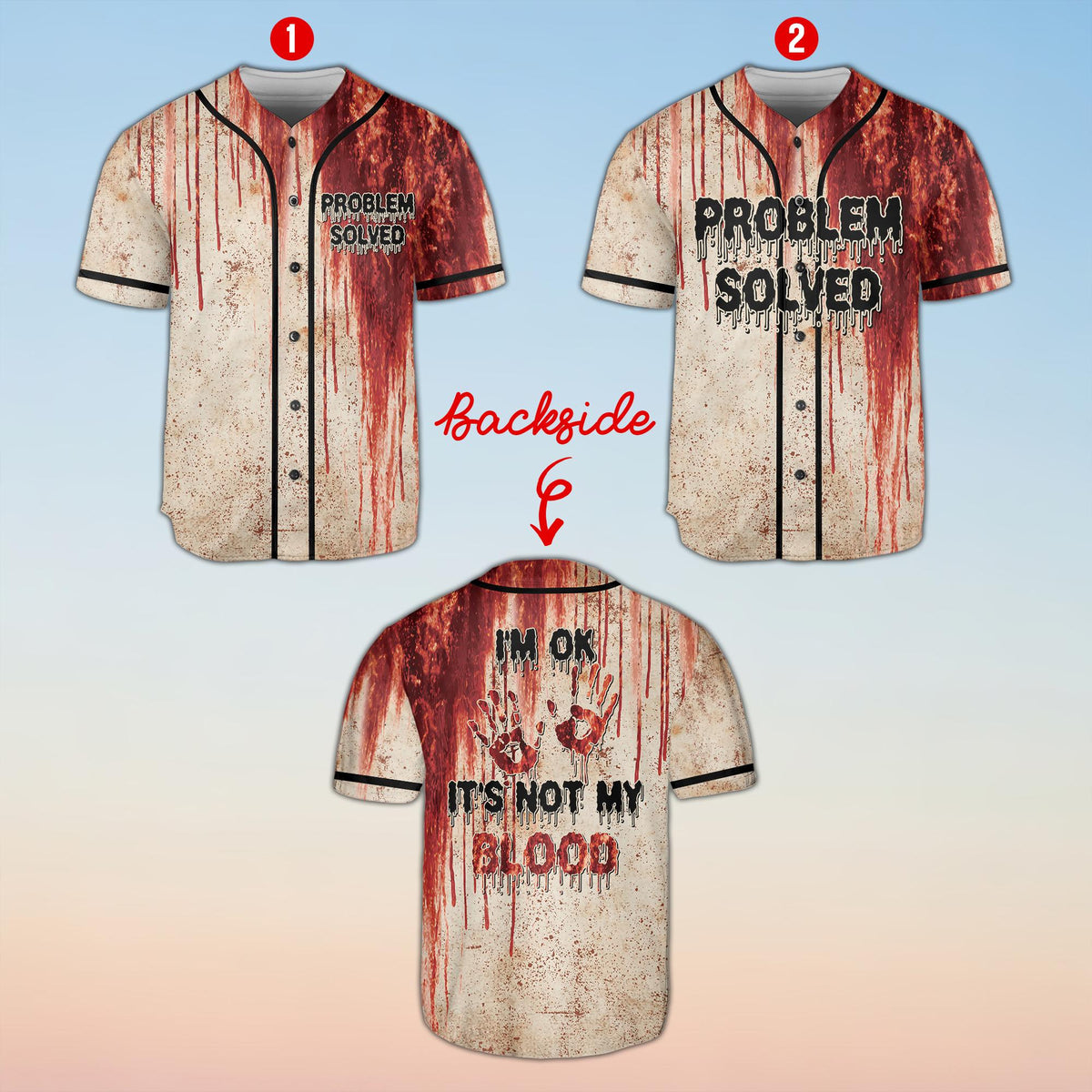 Front view of the halloween themed baseball jersey with Problem Solved text