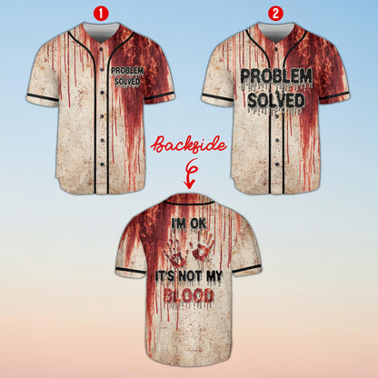 Front view of the halloween themed baseball jersey with Problem Solved text
