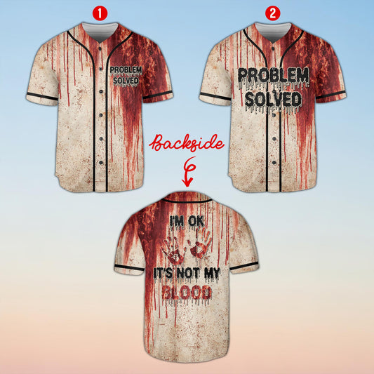Halloween baseball jersey with blood splatter design on beige background, main view