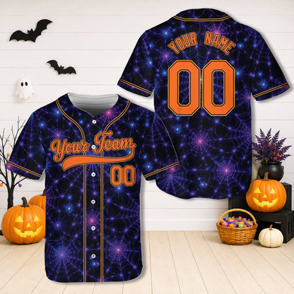 Personalized baseball jersey featuring neon Halloween designs and custom name, front view