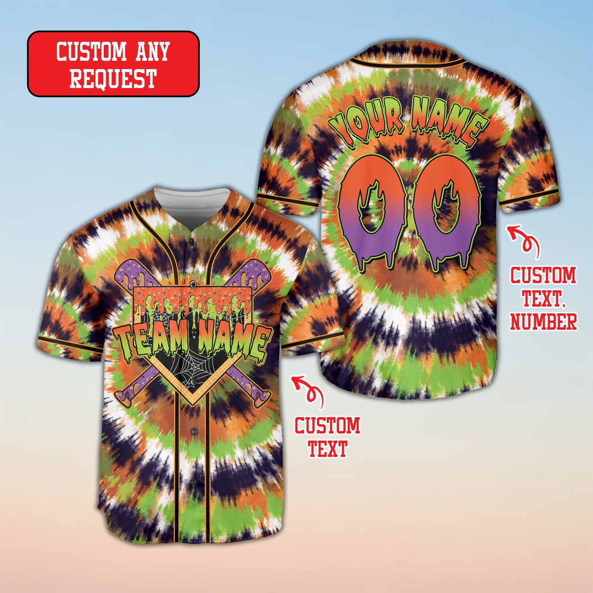 Close up of the dripping slime bat design on the halloween baseball jersey