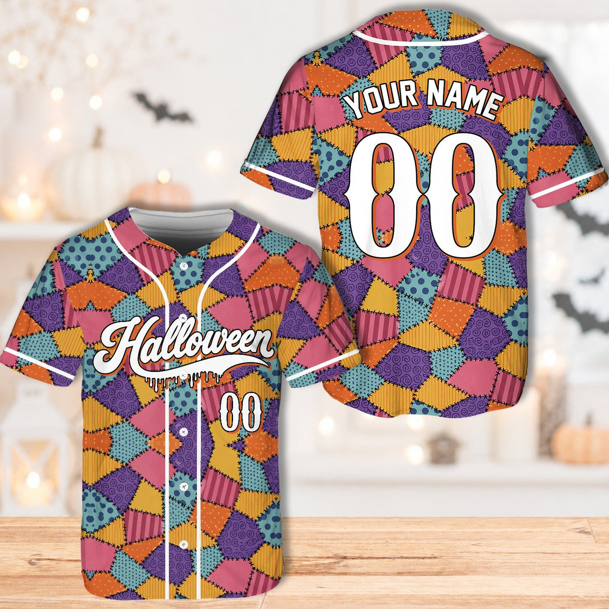 Personalized multicolor halloween baseball jersey, front view close up