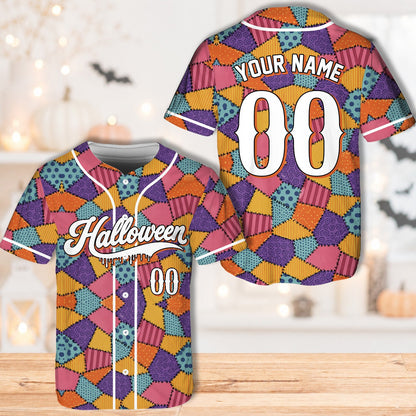 Personalized multicolor halloween baseball jersey, front view close up