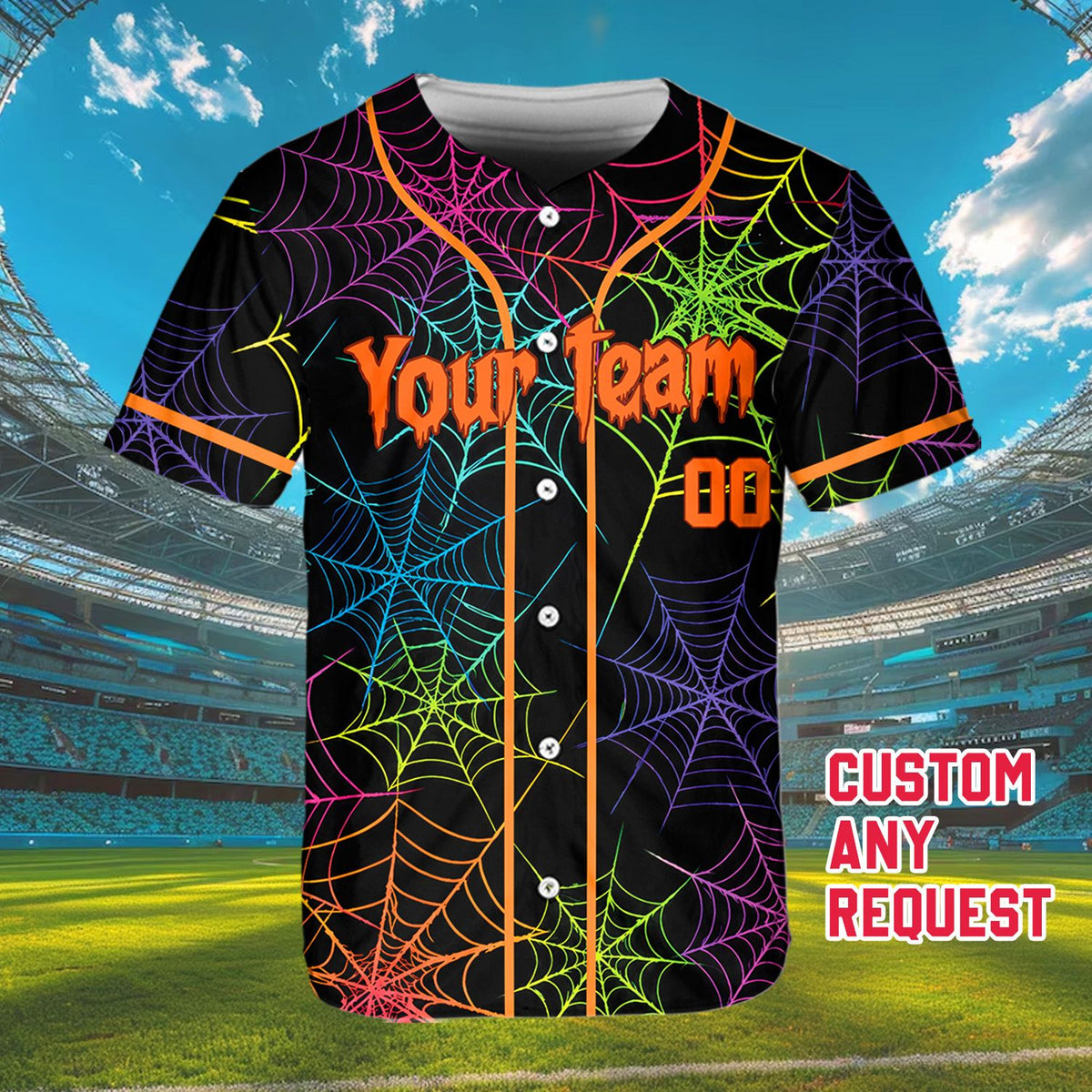 Close up front view of the neon spiderweb pattern on the baseball jersey