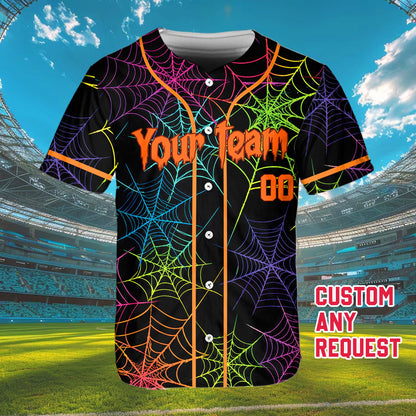 Close up front view of the neon spiderweb pattern on the baseball jersey