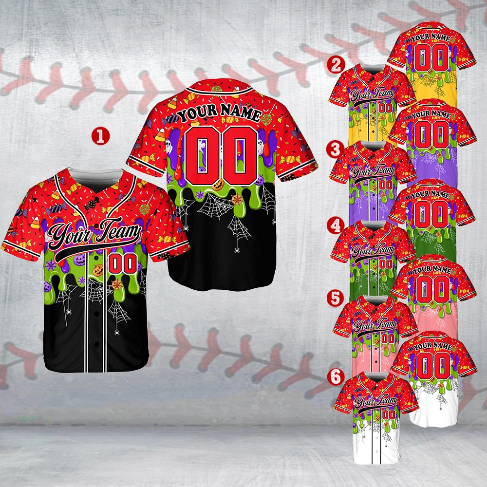 Close up front view of the halloween baseball jersey with Jack-o'-lanterns