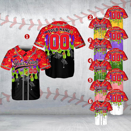 Close up front view of the halloween baseball jersey with Jack-o'-lanterns