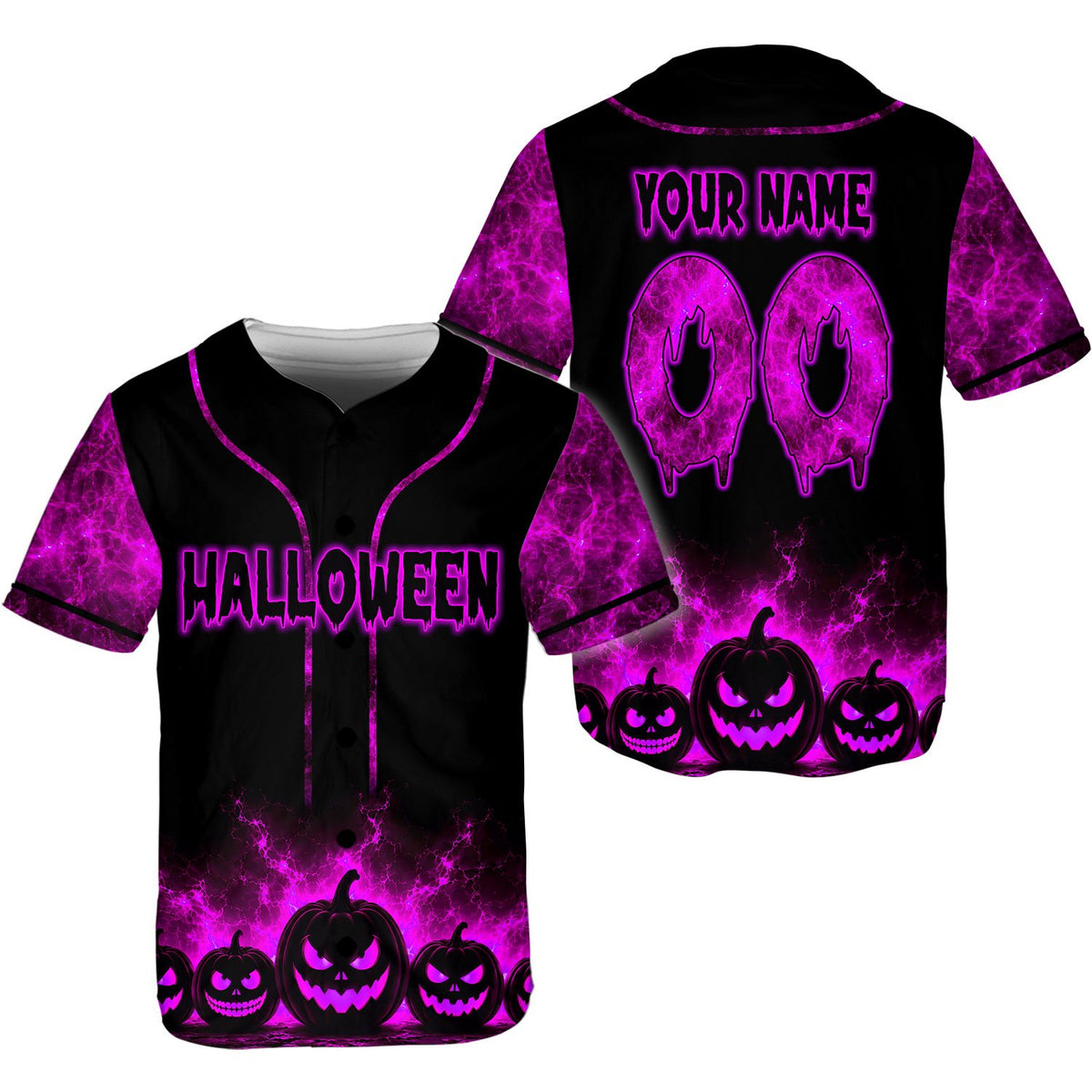 Front view showing dripping text design on custom baseball jersey