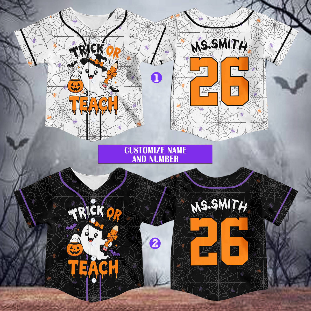 Multicolor halloween themed baseball jersey front view alternate