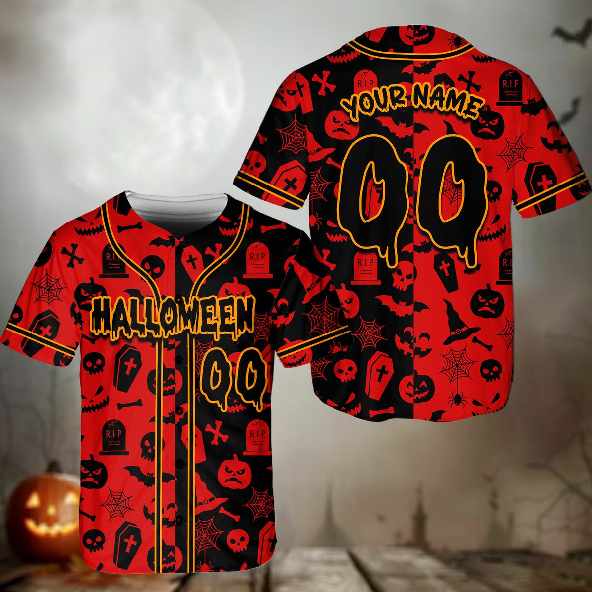 Personalized red halloween baseball jersey alternate front view