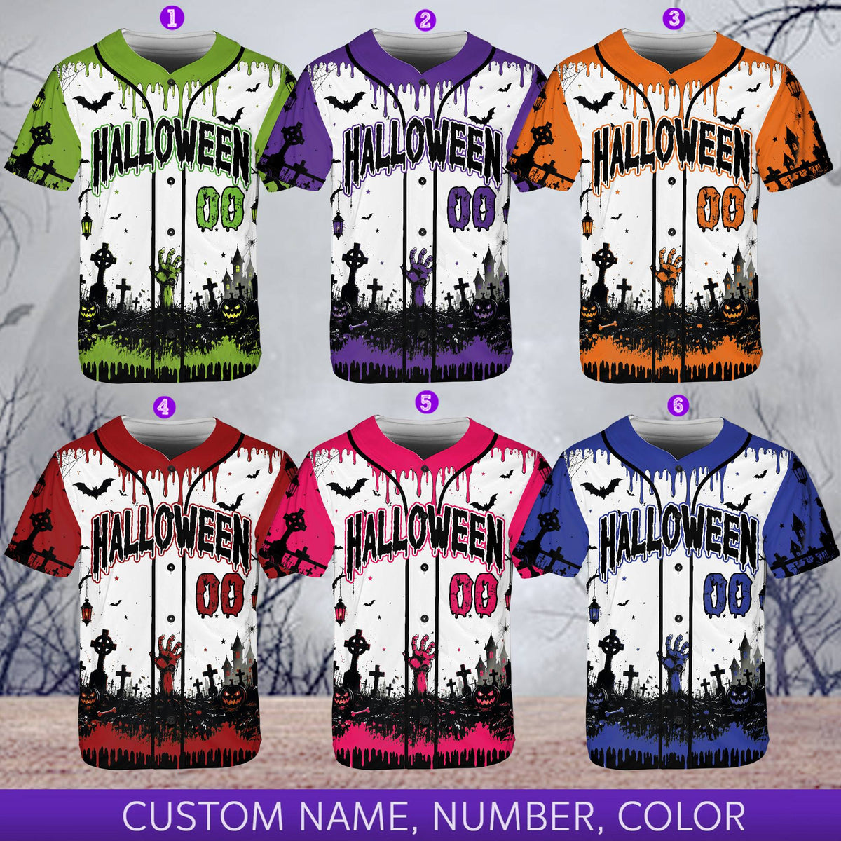Close up of the halloween text and blood drip details on the jersey