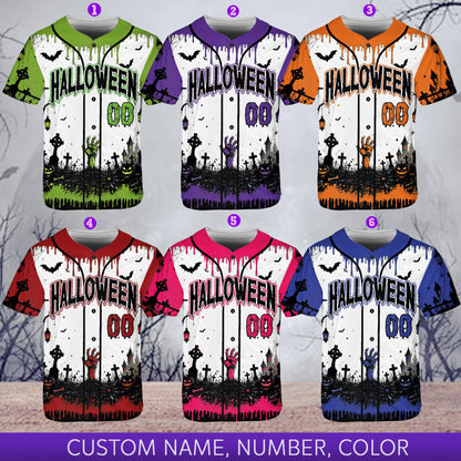 Close up of the halloween text and blood drip details on the jersey
