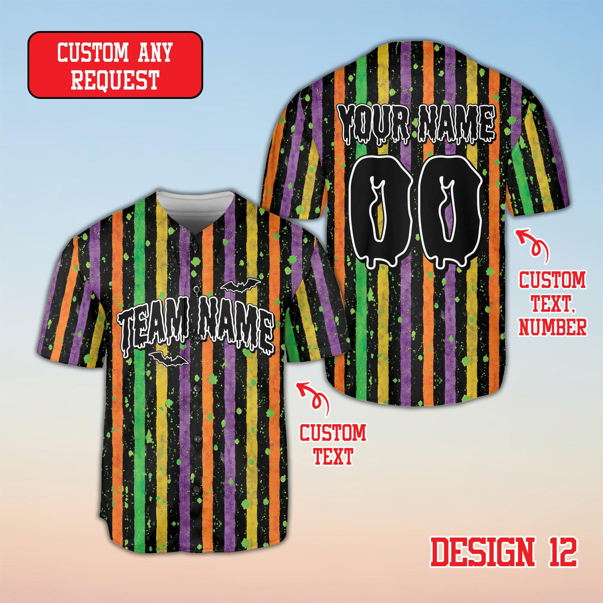 Front view of personalized multicolor halloween baseball jersey variation 4