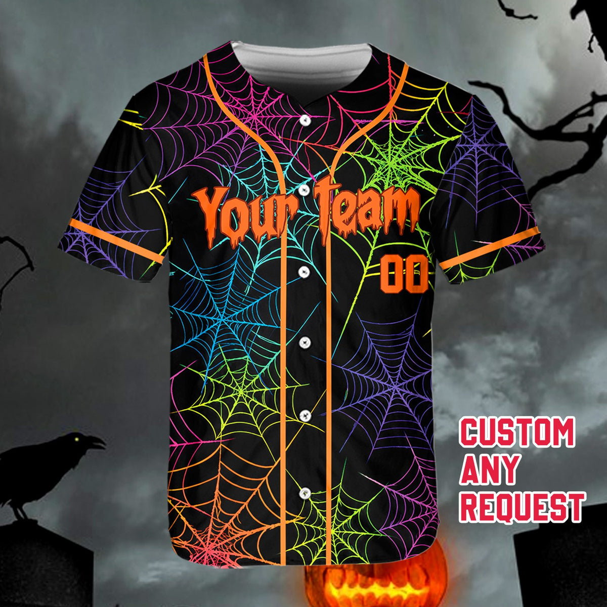 Another front angle of the spooky Halloween baseball jersey