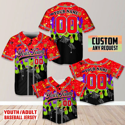 Front perspective of the personalized red and multicolor baseball jersey