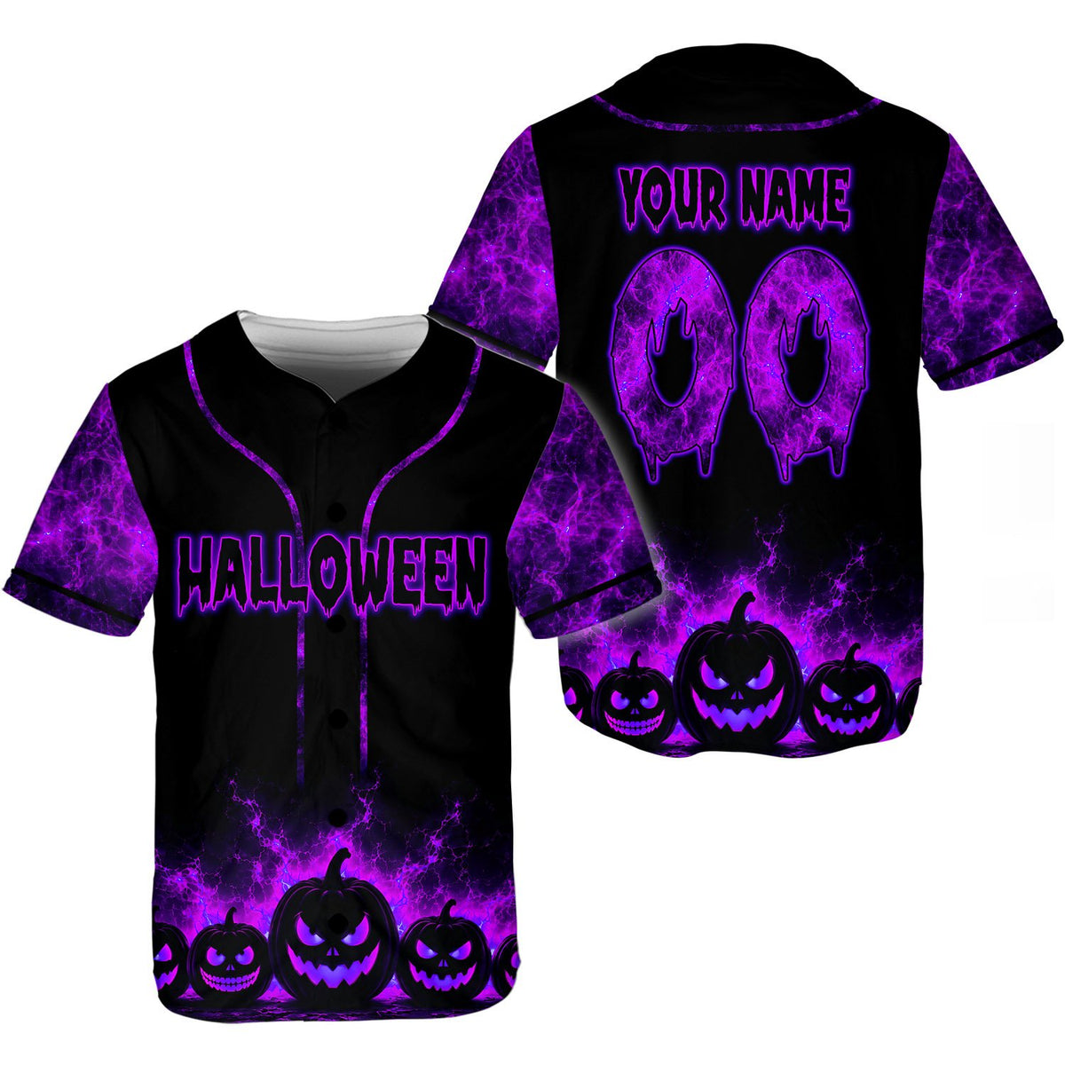 Front view of personalized jack-o'-lantern jersey details
